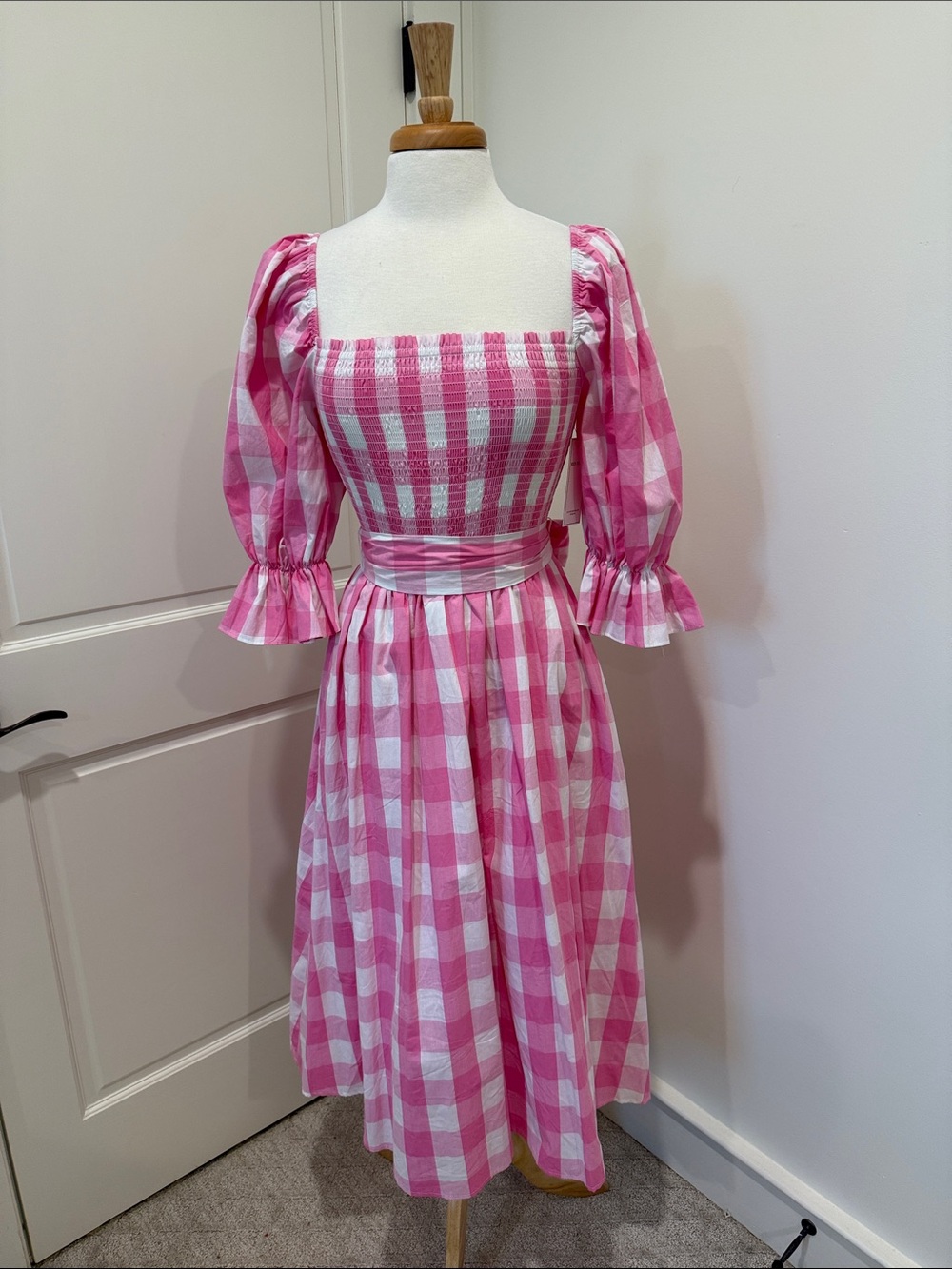 Pink Gingham Puff-Sleeve Midi Dress